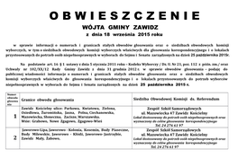 O B W I E S Z C Z E N I E WÓJTA GMINY ZAWIDZ Z Dnia 18 Września 2015 Roku