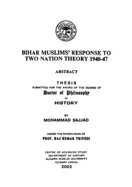 Bihar Muslims' Response to Two Nation Theory 1940-47