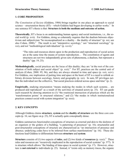 Structuration Theory Summary © 2008 Joel Gehman 1. CORE PROPOSITION the Constitution of Society (Giddens, 1984) Brings Together