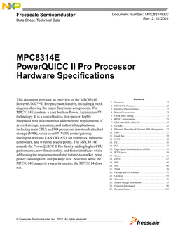 MPC8314E Powerquicc II Pro Processor Hardware Specifications