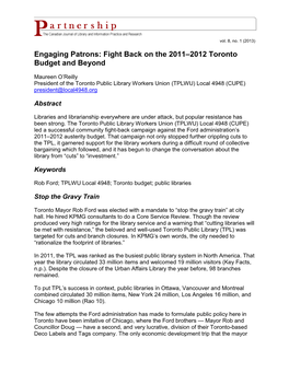 Engaging Patrons: Fight Back on the 2011–2012 Toronto Budget and Beyond