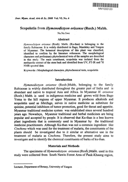 Scopoletie from Hymenodictyon Orixense (Roxb.) Mabb. Nu Nu Swe Abstract Hymenodictyoii Orixense (Roxb)