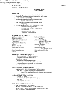 In Summary Hst 071 Human Teratology Teratology