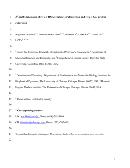 1 N 6-Methyladenosine of HIV-1 RNA Regulates Viral Infection And