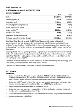 FY14 Preliminary Announcement 2014