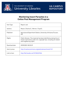 Monitoring Insect Parasites in a Cotton Pest Management Program