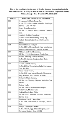 List of the Candidates for the Post of Grader Assessor for Examination to Be Held on 01/08/2021 at 2.30 P.M