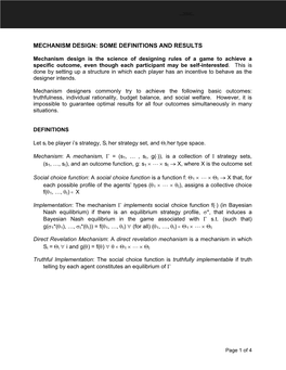 Mechanism Design: Some Definitions and Results