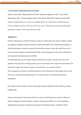 A Case of Insect Colonization Before the Death Stefano Vanin, Phd1, Manuela Bonizzoli, MD3, Marialuisa Migliaccio, MD3, Laura T