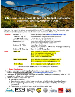 2021 New River Gorge Bridge Day Rappel Guidelines Bridge Day, Saturday, October 16, 2021