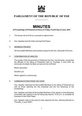 MINUTES of Proceedings of Parliament at Suva on Friday, Fourth Day of June, 2021