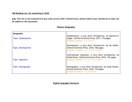 OIB Reading List- for Examining in 2020 N.B:​ This List Is Not Exhaustive If You Come Across Other Related Texts, Please