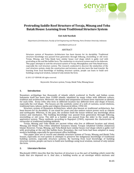 Protruding Saddle Roof Structure of Toraja, Minang and Toba Batak House: Learning from Traditional Structure System