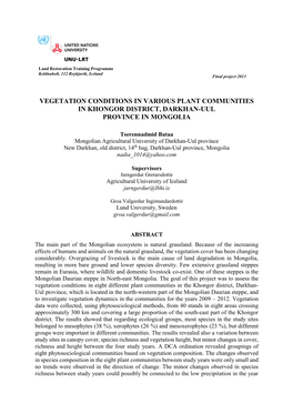 Title: Vegetation Conditions in Various Plant Communities in Khongor District, Darkhan-Uul Province in Mongolia