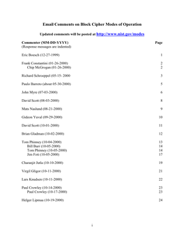 Email Comments on Block Cipher Modes of Operation