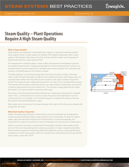 Steam Quality – Plant Operations Require a High Steam Quality