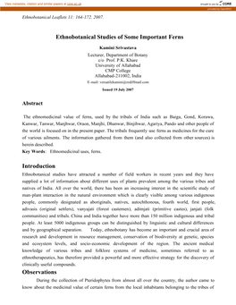 Ethnobotanical Studies of Some Important Ferns