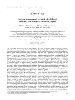 Tomopterna Damarensis (Anura: Pyxicephalidae) Is Broadly Distributed in Namibia and Angola