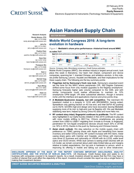 Asian Handset Supply Chain Research Analysts SECTOR REVIEW
