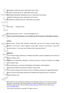 Effects of Acute Hcg Stimulation on Serum INSL3 and 25‐OH Vitamin D