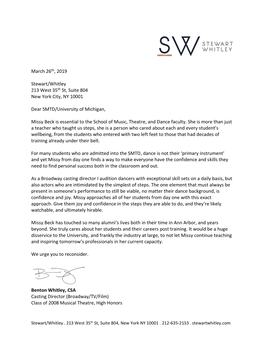 March 26Th, 2019 Stewart/Whitley 213 West 35Th St, Suite 804 New York City, NY 10001 Dear SMTD/University of Michigan, Missy