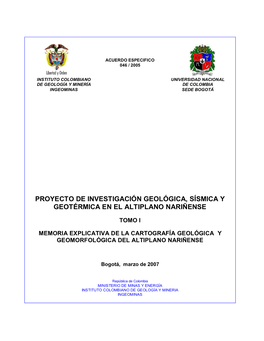 Proyecto De Investigación Geológica, Sísmica Y Geotérmica En El Altiplano Nariñense