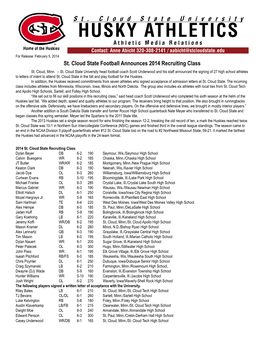 HUSKY ATHLETICS Athletic Media Relations Home of the Huskies Contact: Anne Abicht 320-308-2141 / Aabicht@Stcloudstate.Edu for Release: February 5, 2014 St