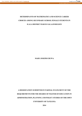 Determinants of Mathematics and Science Career Choices Among Secondary School Female Students in Ilala District Dar Es Salaam Region