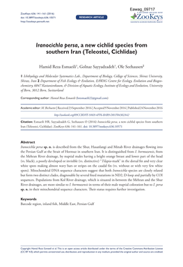 Iranocichla Persa, a New Cichlid Species from Southern Iran (Teleostei, Cichlidae)