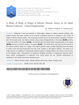 A Study of Mode of Origin of Inferior Phrenic Artery in 30 Adult Human Cadavers