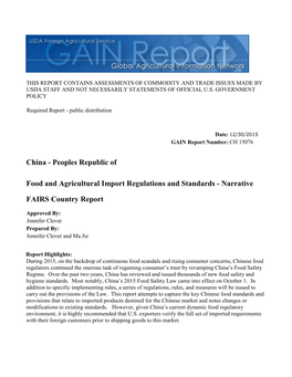 FAIRS Country Report Food and Agricultural Import Regulations And