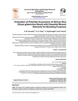 Evaluation of Potential Accessions of African Rice (Oryza Glaberrima Steud) with Essential Mineral Elements for Breeding Purposes