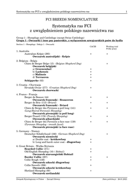 Systematyka Ras FCI Z Uwzględnieniem Polskiego Nazewnictwa Ras 1