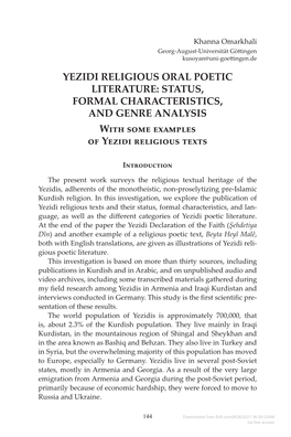 YEZIDI RELIGIOUS ORAL POETIC LITERATURE: STATUS, FORMAL CHARACTERISTICS, and GENRE ANALYSIS with Some Examples of Yezidi Religious Texts