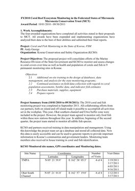 FY2010 Coral Reef Ecosystem Monitoring in the Federated States of Micronesia Micronesia Conservation Trust (MCT) Award Period: 10/01/2010 - 09/30/2011