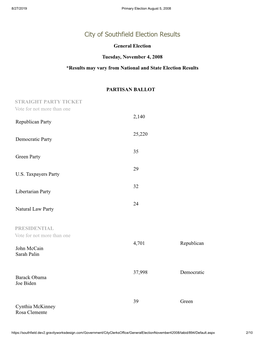 City of Southfield Election Results