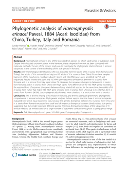 Phylogenetic Analysis of Haemaphysalis Erinacei Pavesi, 1884