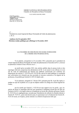 1 ORDRE NATIONAL DES PHARMACIENS Chambre De Discipline De Basse-Normandie 8 Bd Pompidou Immeuble « Le Vauban » 14000 CAEN