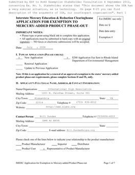 APPLICATION for EXEMPTION to MERCURY-ADDED PRODUCT PHASE-OUT Date Rec’D