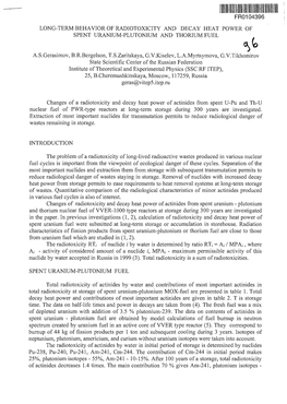 Fr0104396 Long-Term Behavior of Radiotoxicity and Decay Heat Power of Spent Uranium-Plutonium and Thorium Fuel