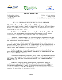 NEWS RELEASE for Immediate Release Ministry of Health Services 2010HSERV0026-000474 Interior Health April 29, 2010 Provincial Health Services Authority