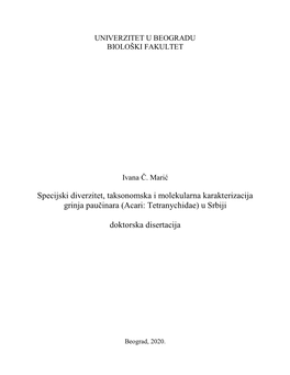 Specijski Diverzitet, Taksonomska I Molekularna Karakterizacija Grinja Paučinara (Acari: Tetranychidae) U Srbiji