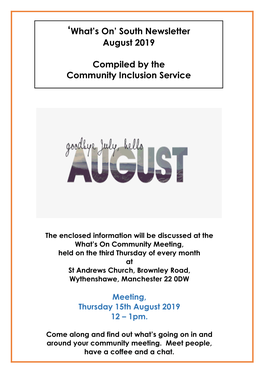 'What's On' South Newsletter August 2019 Compiled by the Community