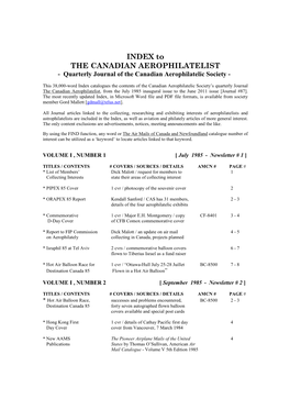 INDEX to the CANADIAN AEROPHILATELIST - Quarterly Journal of the Canadian Aerophilatelic Society