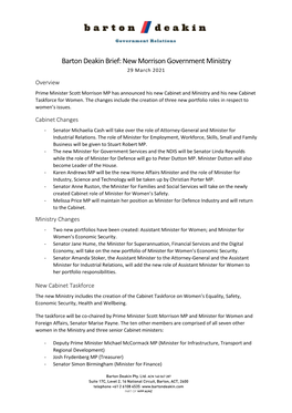 Barton Deakin Brief: New Morrison Government Ministry 29 March 2021