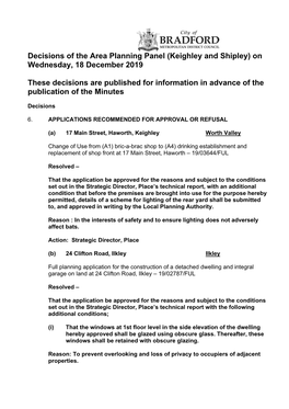 Decisions of the Area Planning Panel (Keighley and Shipley) on Wednesday, 18 December 2019