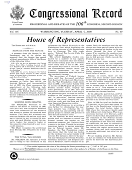 Congressional Record United States Th of America PROCEEDINGS and DEBATES of the 106 CONGRESS, SECOND SESSION