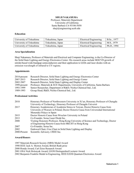 SHUJI NAKAMURA Professor, Materials Department University of California Santa Barbara CA 93106-5050 Shuji@Engineering.Ucsb.Edu