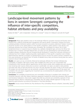 Landscape-Level Movement Patterns by Lions in Western