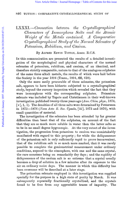 LXXXI.-Connectio~~ Between the C~~Ystalloyr~Z~Hicul Clzarcicters of Isomolpjhous Salts Ccnd the Atomic Weight of the Metals Contuined